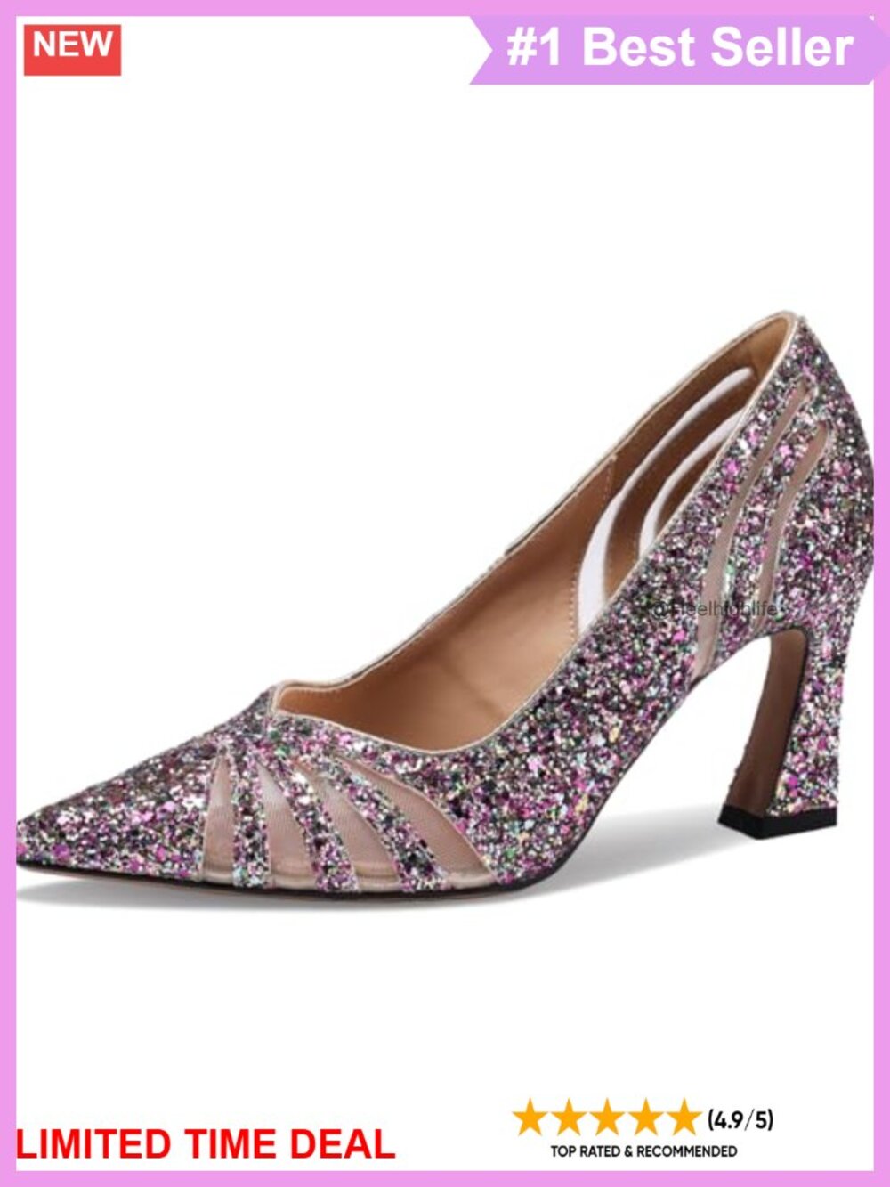Glitter Pointed Toe Block Heel Pump